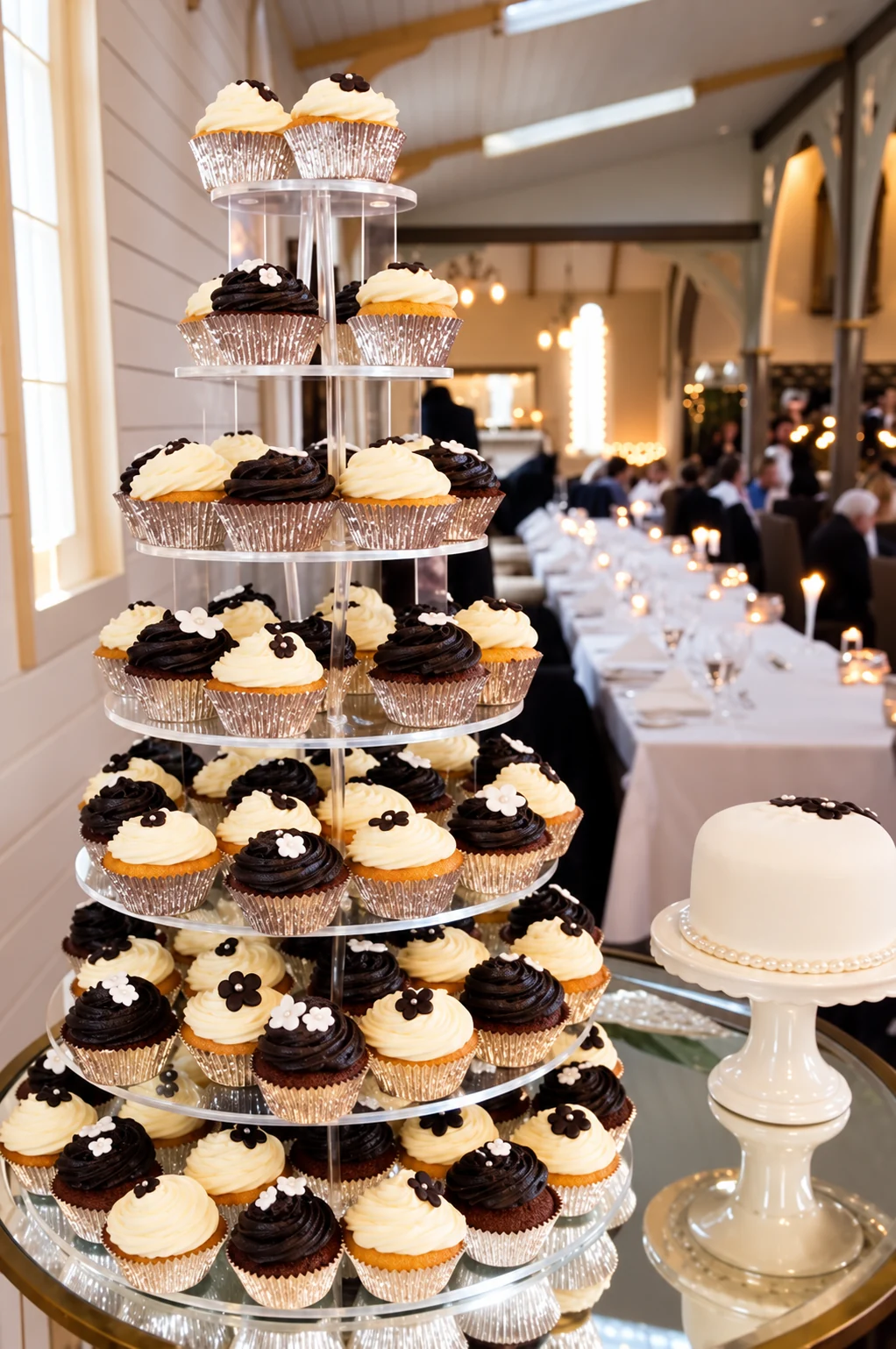 Black and white wedding cupcake tower