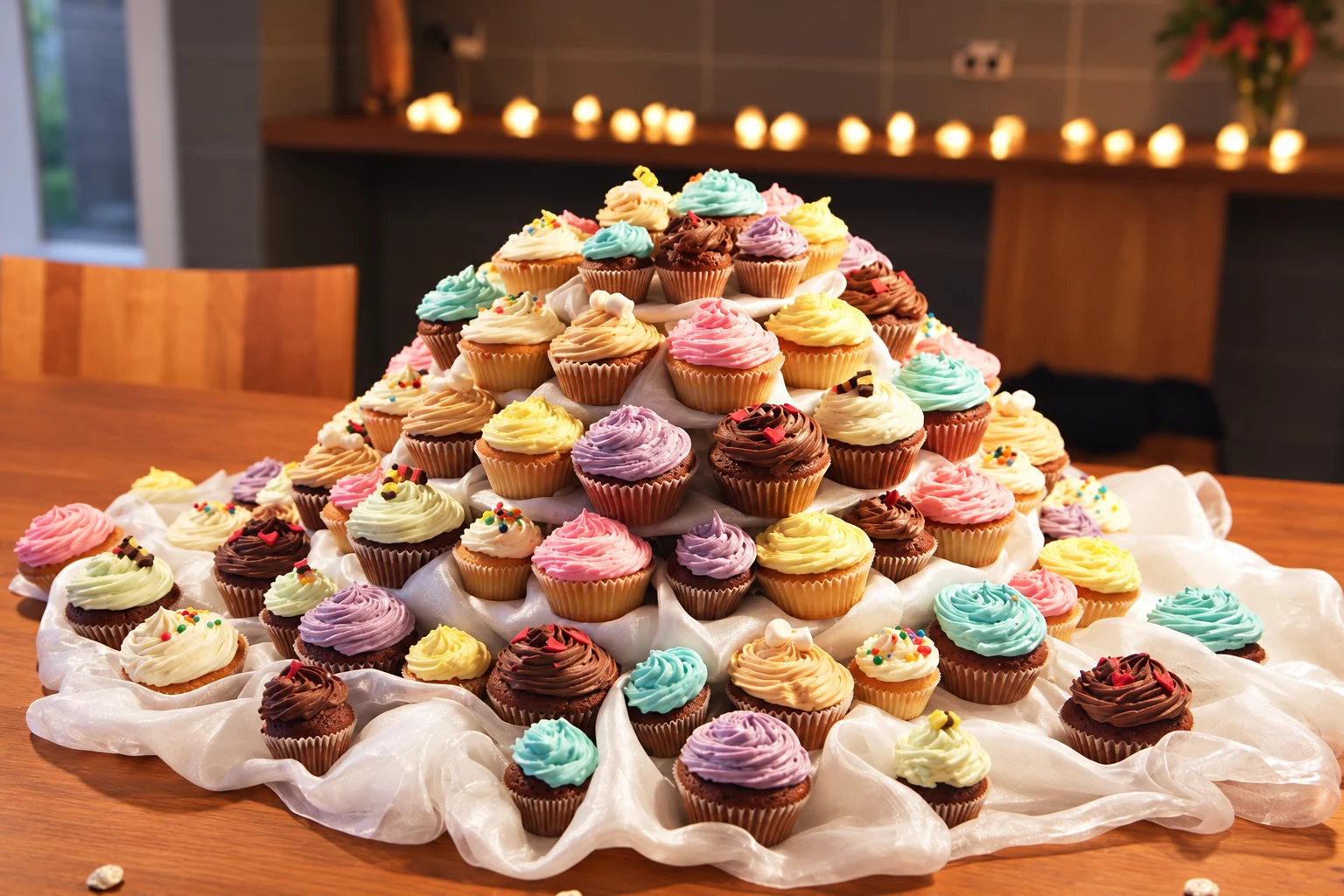 Colourful cupcakes on celebration stands