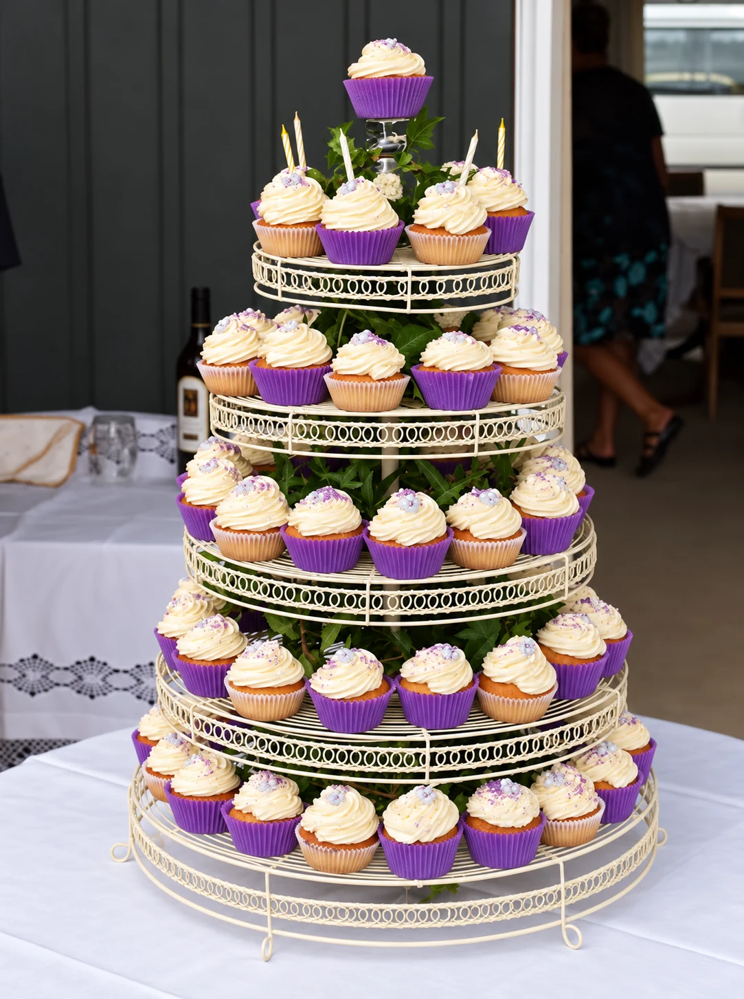Purple and cream cupcake tower
